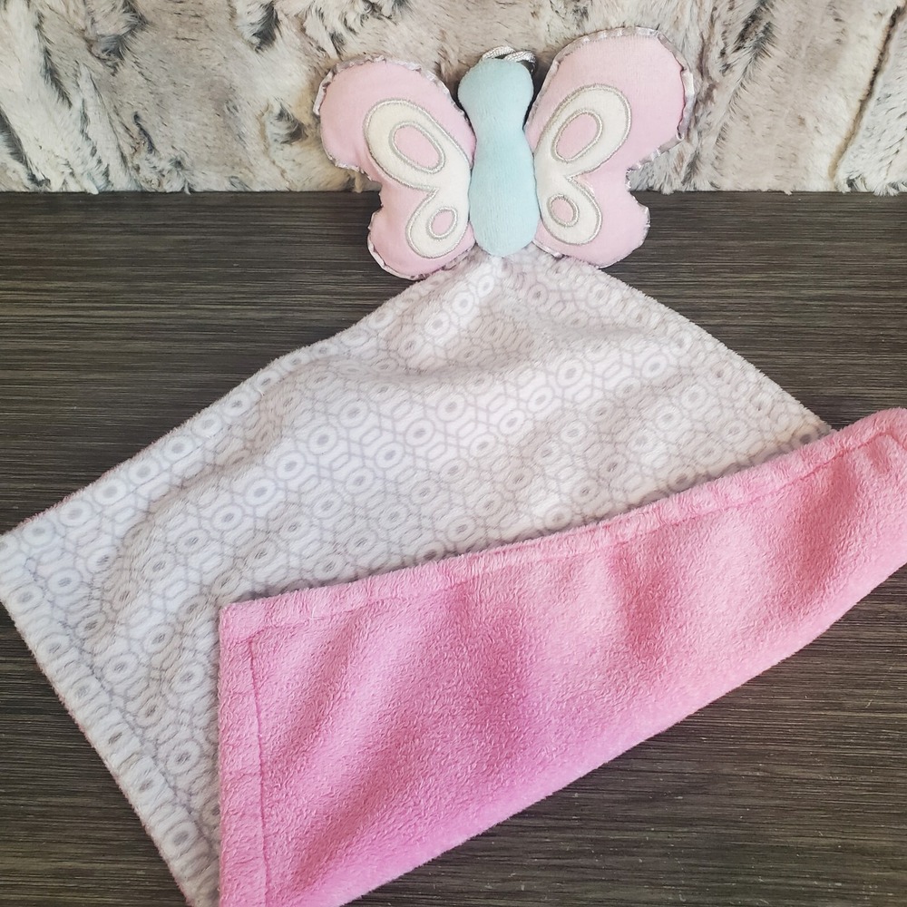 Babies R Us Plush Butterfly Lovey Security Blanket Gray Geometric, ‎ Pink Fleece